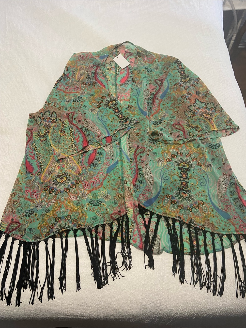 West Kei Turquoise Paisley Fringe Kimono Cape